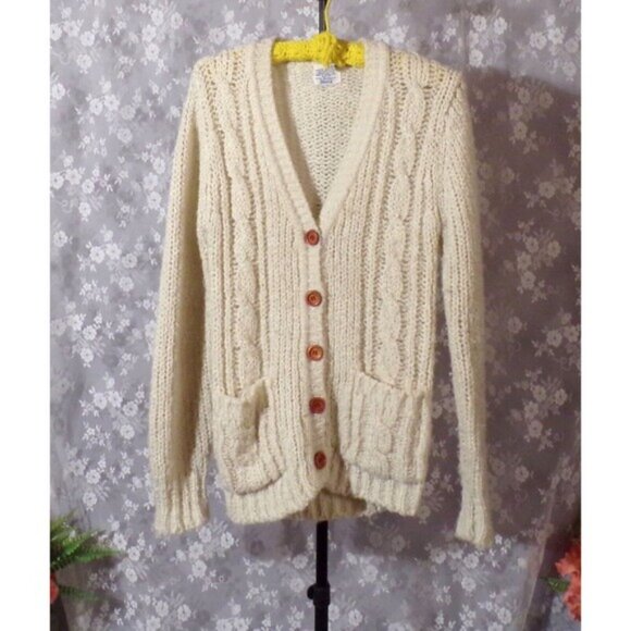 Vintage 70s Cardigan 1970s Cable Knit Preppy Academia Retro Fall Cozy Size Small - Picture 1 of 5